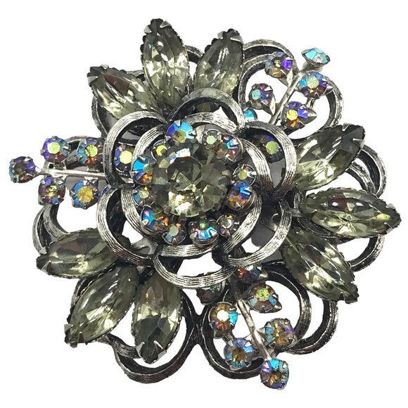 Selini Silver Tone AB, Gray Rhinestone Cluster Floral Brooch, Signed M99 - Picture 1 of 6